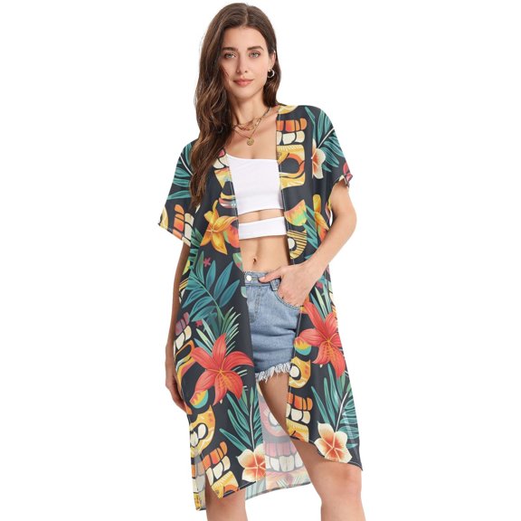 Beach Vacation Clothes Kimono Cardigan Loose Swimsuit Cover Up for Women Tropical Totem Mask Flower S