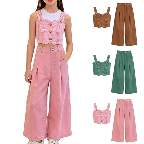 HBGVBA Girl's 2 Piece Denim Set,Short Tank Tops and Full Length Jean Pants,3-13 Years Solid Cami Denim Top Wide Leg Jeans Set