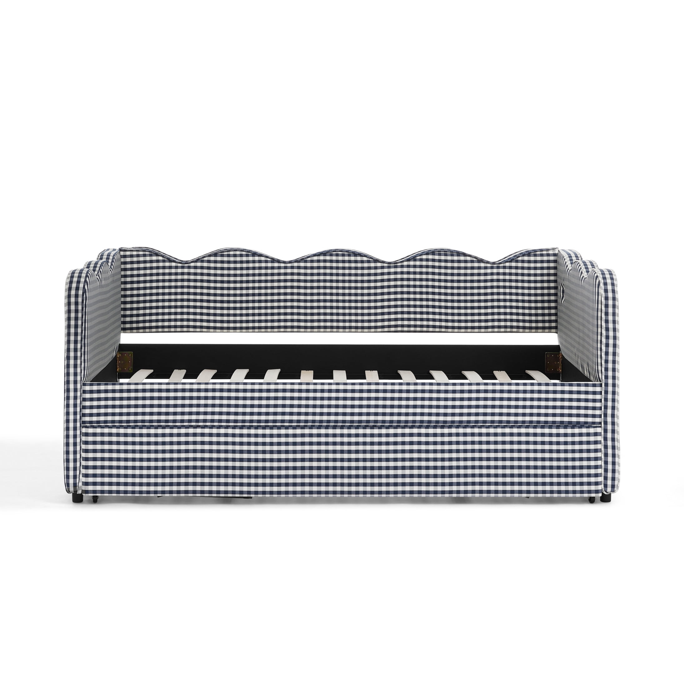 Noble House Wesley Twin Size Waved Daybed, Cozy Gingham Linen Sofa Bed with Twin Trundle and Charging Port, Navy Blue
