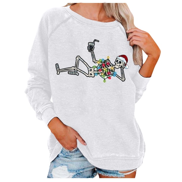 Sudadera Para Mujer Cuello Redondo Sudadera Con Esqueleto Estampado de Navidad Jersey Suelto Estampado Superior Odeerbi ODB182207