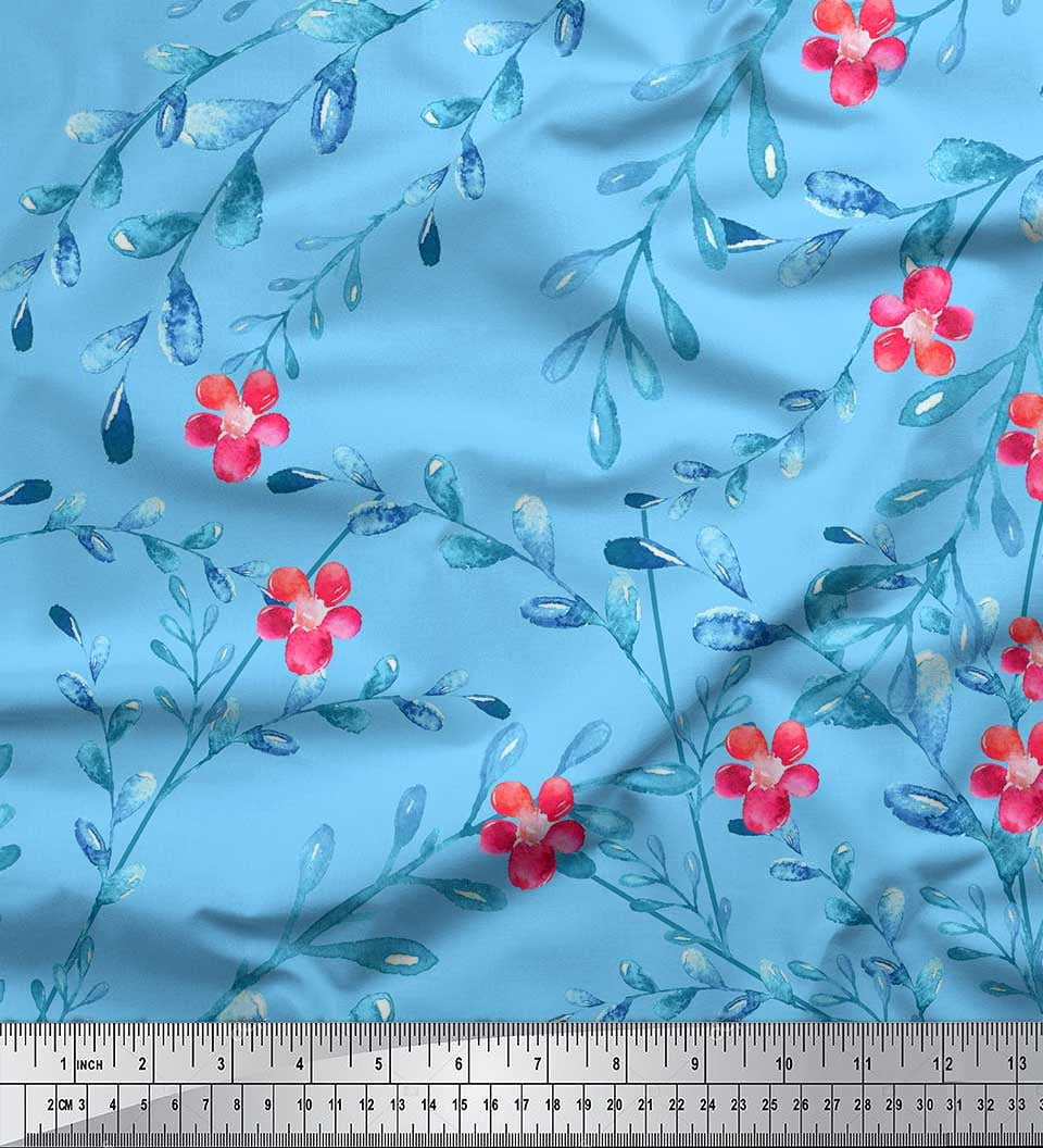 Soimoi Blue Cotton Duck Fabric Leaves,Owl & Pink Floral Print Fabric by ...