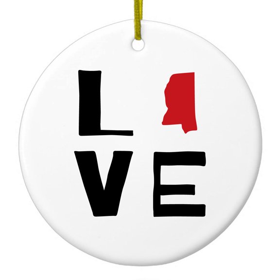 DistinctInk Hanging Ceramic Christmass Tree Ornament with Gold String - Great Gift / Present - 2 3/4 inch diameter - Mississippi - Love Black & Red
