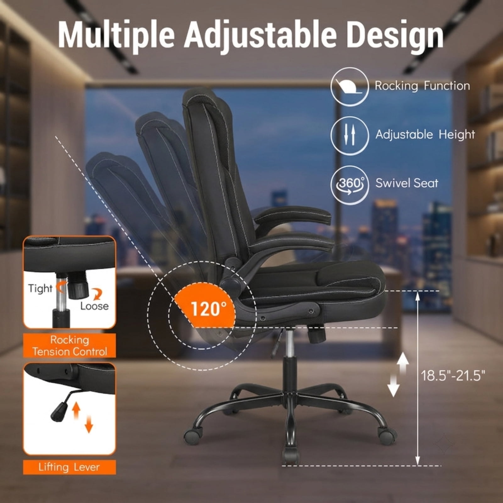 Furnibear Leather Office Chair and Ergonomic Computer Desk Chair with Flip Up Armrests Rocking Function Swivel Seat and Height Adjustment, Black