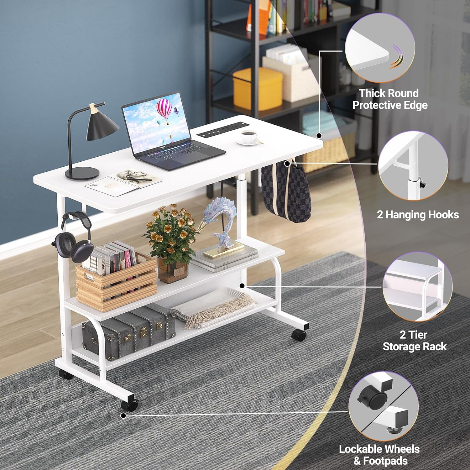 Homieasy Height Adjustable Standing Desk with Power Outlet & USB Ports, Max Height 41'', Small Mobile Computer Desk with Storage Shelves & Hooks, Portable Laptop Table for Home & Office, White