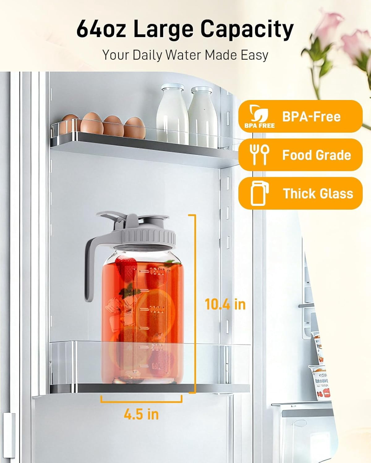 2 Pack Glass Pitcher with Lid, 64 oz Sun Tea Glass Jar for Outside, Large Mason Jar Wide Mouth, Iced Tea Pitcher for Cold Beverages, Breast Milk