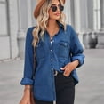 thumbnail image 3 of Defitshape Women's Long Sleeve Denim Button Down Shirt Top Soft Shirt Western Button Up Casual Split Spring Outerwear Dark Blue Large, 3 of 4
