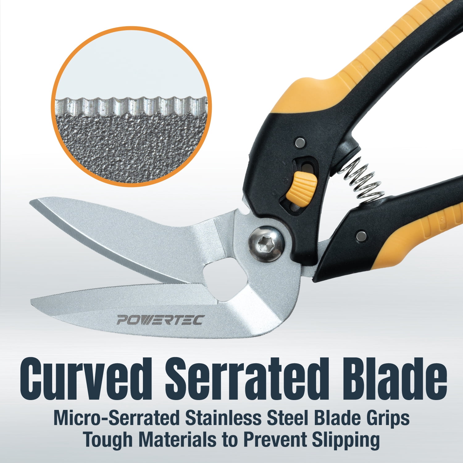 POWERTEC 8-1/2" Heavy Duty Scissors – Curved Serrated Blade Multipurpose Cutter with Wire Cutting Notch (1mm), Serrated Shear Blade for Carpet, Cardboard, Leather, Upholstery, Gardening & DIY (72395N
