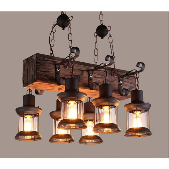 6-Light Farmhouse Large Linear Island Chandelier Light,Dark Distressed Wood Beam Pendant Lighting Hanging Ceiling Fixture for Kitchen Island, Bedroom, Dining Room