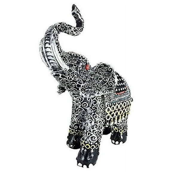 Thai Buddhism Silver Grey Pattern Decorated Trunk Up Elephant Figurine Sculpture