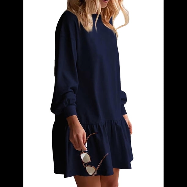 Vestido Estilo Sudadera de Larga para Mujer, Otoño 2025, Cuello Redondo, Punto Acanalado, Patchwork, Minivestidos Informales. Azul Marino S