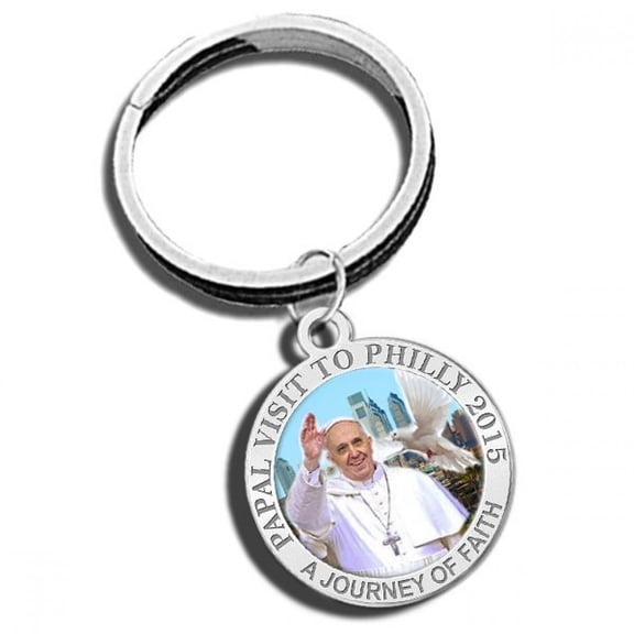 Pope Francis - Papal Visit Philadelphia 2015 Color Religious Engravable Keychain 1 1/4 inch x 1 1/4 inch Round - Sterling Silver