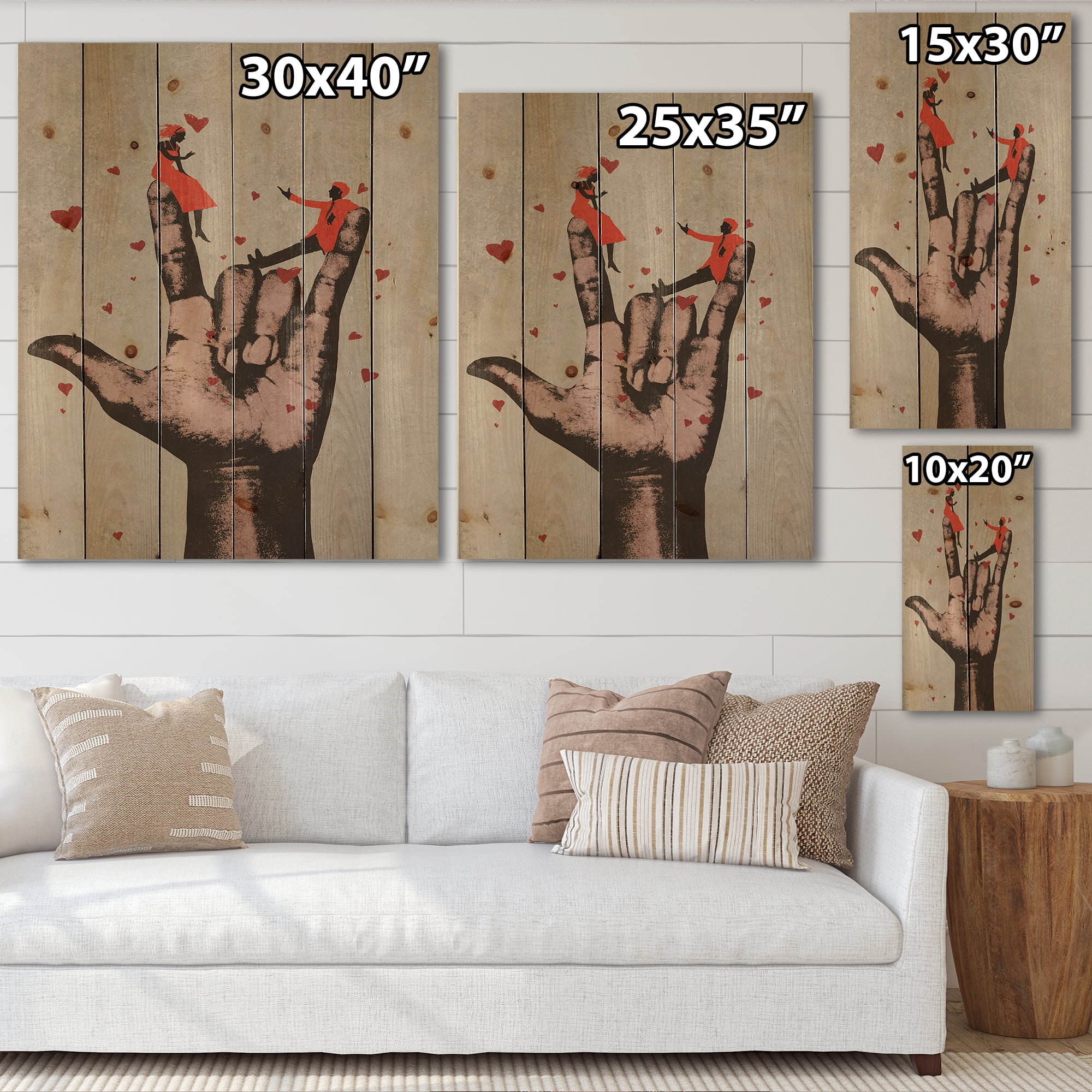 Designart 'I Love You Hand Sign With Romantic Couple' Modern Print on Natural Pine Wood