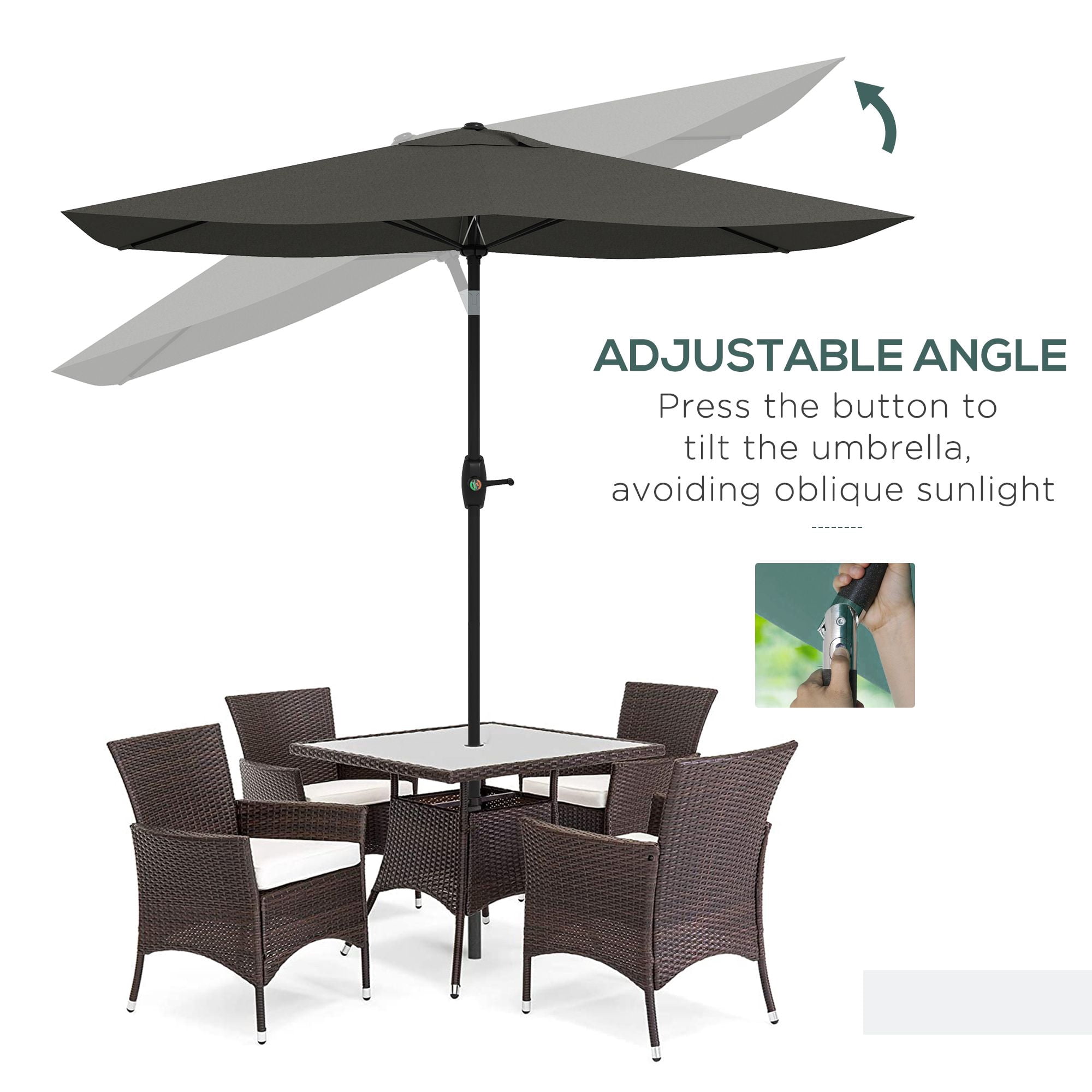Outsunny 6.5' x 10' Rectangular Outdoor Patio Umbrella, Dark Gray Polyester Canopy with Aluminum Frame, Crank & Push-Button Tilt, UV Protection for Garden, Deck and Dining Area