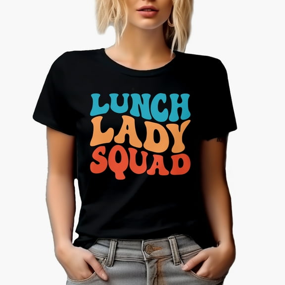 Lunch Lady Squad, School Cafeteria Themed, Groovy Retro Wavy Text Merch Gift, Black T-Shirt, Small