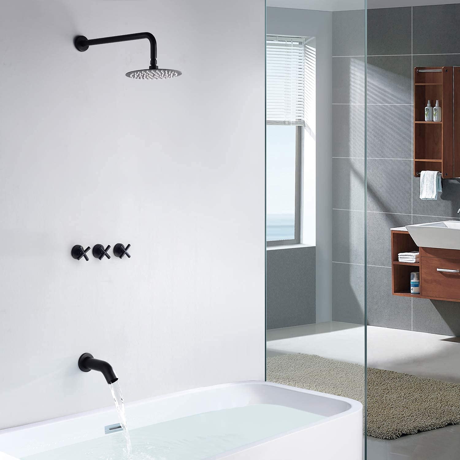 Sumerain 3 Handle Tub Shower Faucet,Matte Black Bathtub Faucet Set with Waterfall Tub Spout,Tub and Shower Trim Kit with Valve