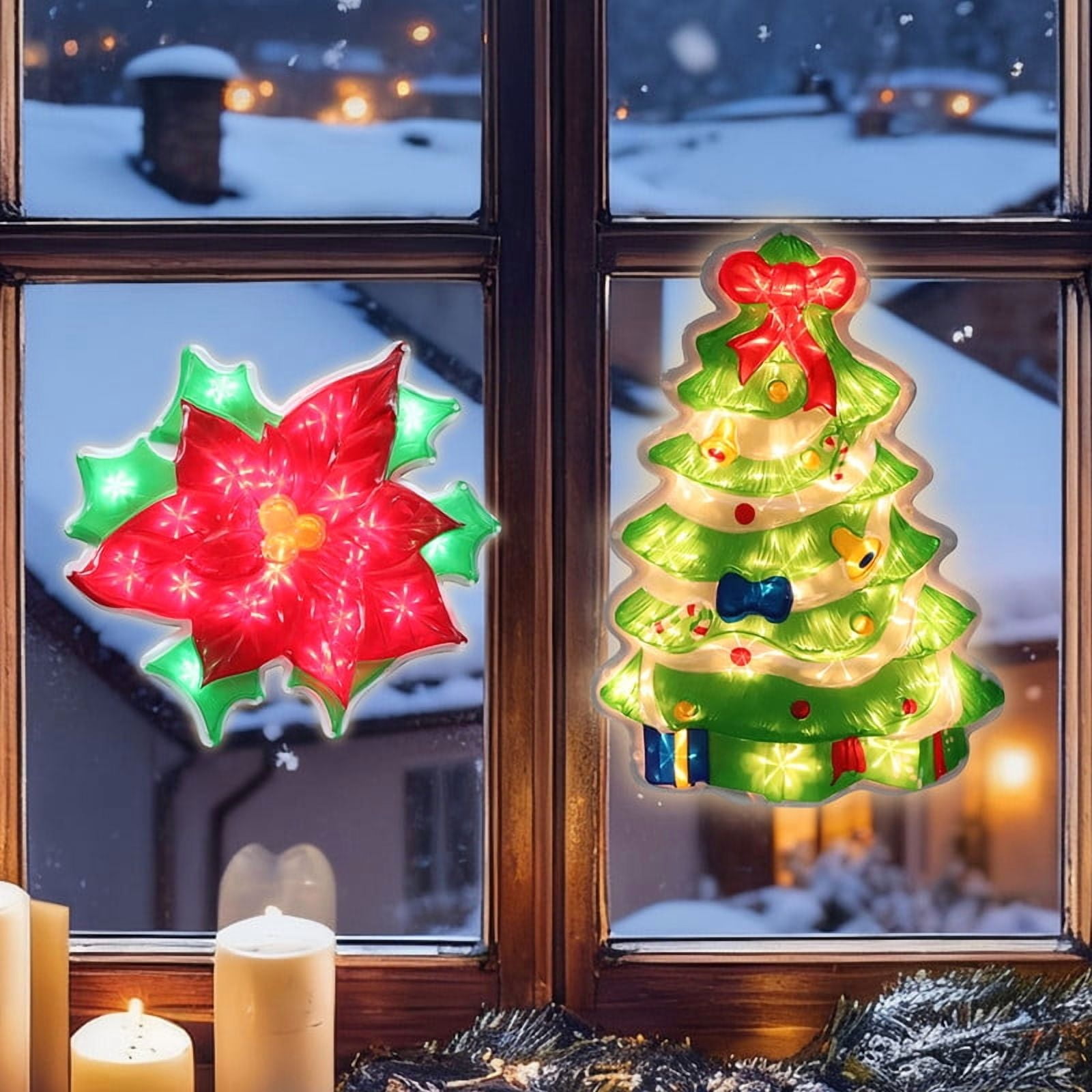 2-Pack Lighted Christmas Window Silhouette Decorations | Christmas Tree & Poinsettia Flower Designs | Indoor Decor for Window, Glass Wall