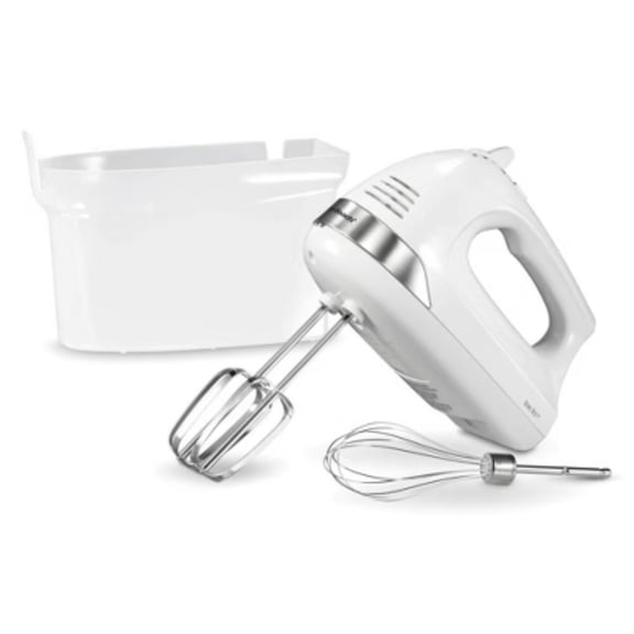 6 Speed Hand Mixer with Snap-On Case, 275W, Dishwasher-Safe Parts, White