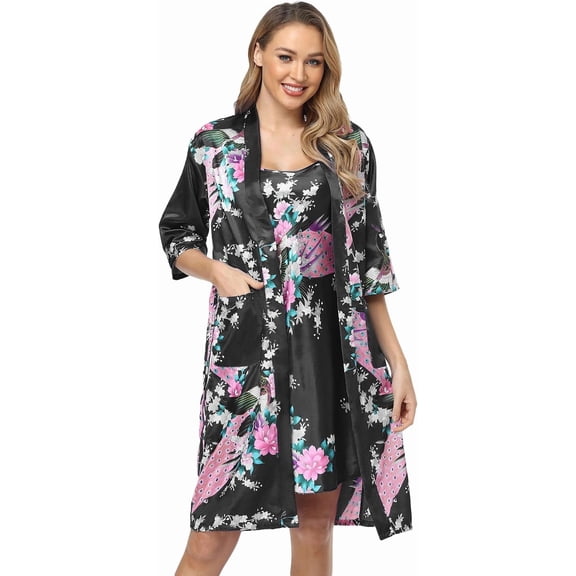 Women's Floral Satin Kimono Robe and Nightgown Set with Camisole 2 Piece Sleepwear Peacock Bathrobe