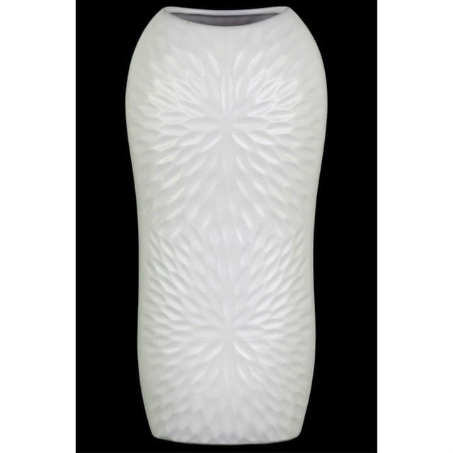 Ceramic Tall Engraved Leaf Design Half-Circle Vase, Large, White