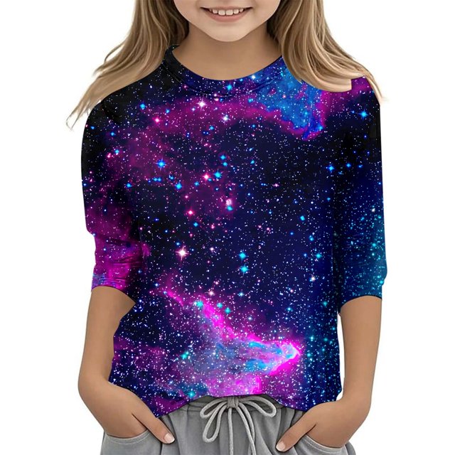 Chemise à Manches Longues pour Fille, T-Shirt Mode pour Enfants, Imprimé Ciel Étoilé, Col Rond, Manches 3/4