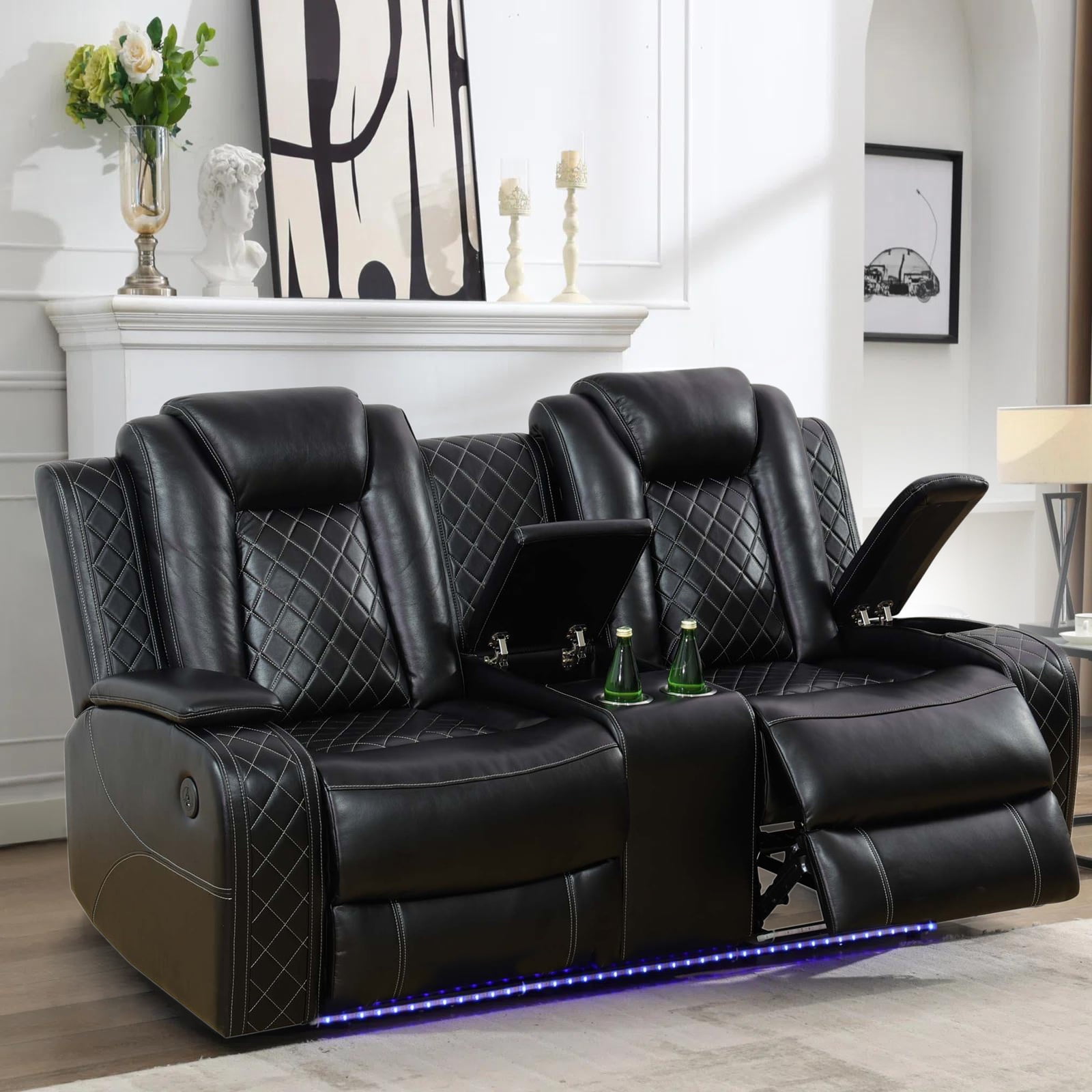 Gewnee Power Loveseat Recliner Chair with 2-Seaters,Home Theater Seating with USB Ports,LED Lights,Hidden Storage and Cup Holders,Black