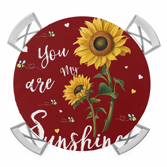 Elastic Fitted Round Tablecloth, Red Sunshine Sunflower Waterproof Stretch Table Cover for 36"-44" Tables, Pastoral Bees Farmhouse Floral Washable Outdoor Tablecloths for Patio, Picnic, Camping