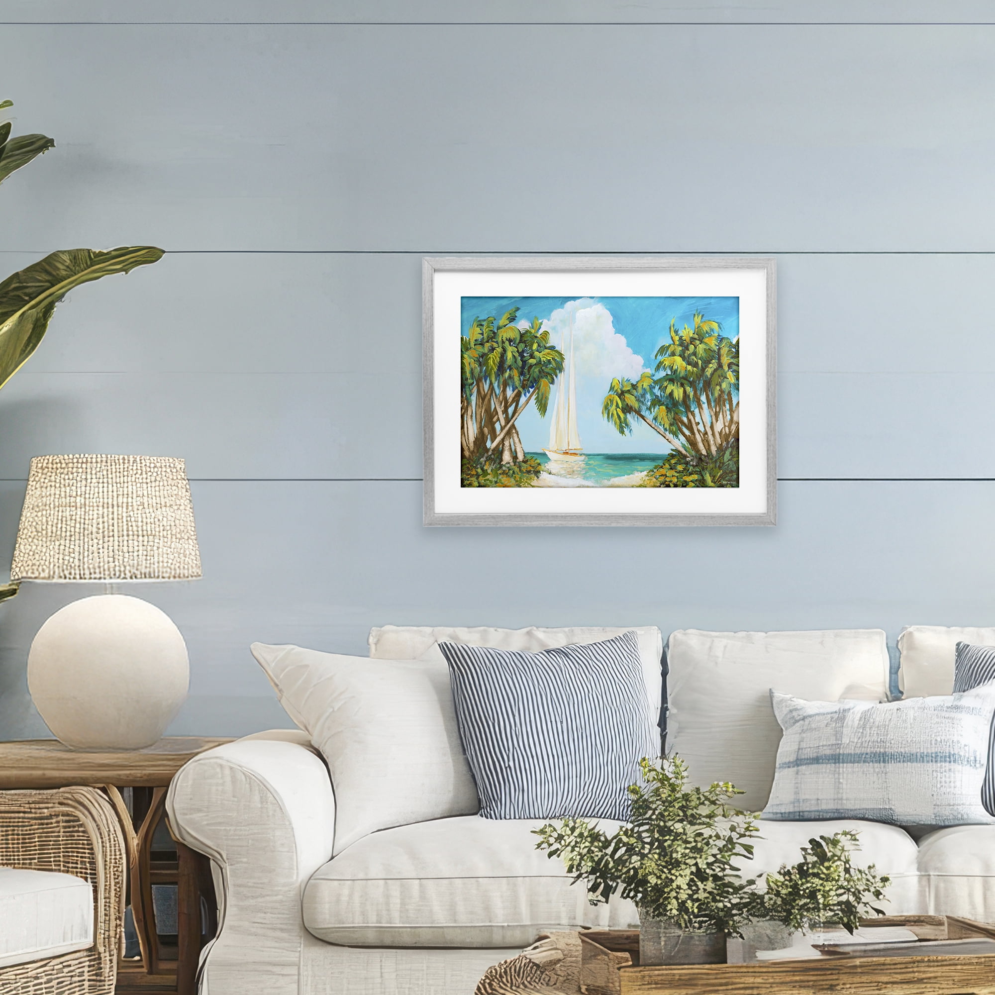 Stupell Industries Sailboat Among Palms Gray Framed Print Under Glass, design by Dan Meneely