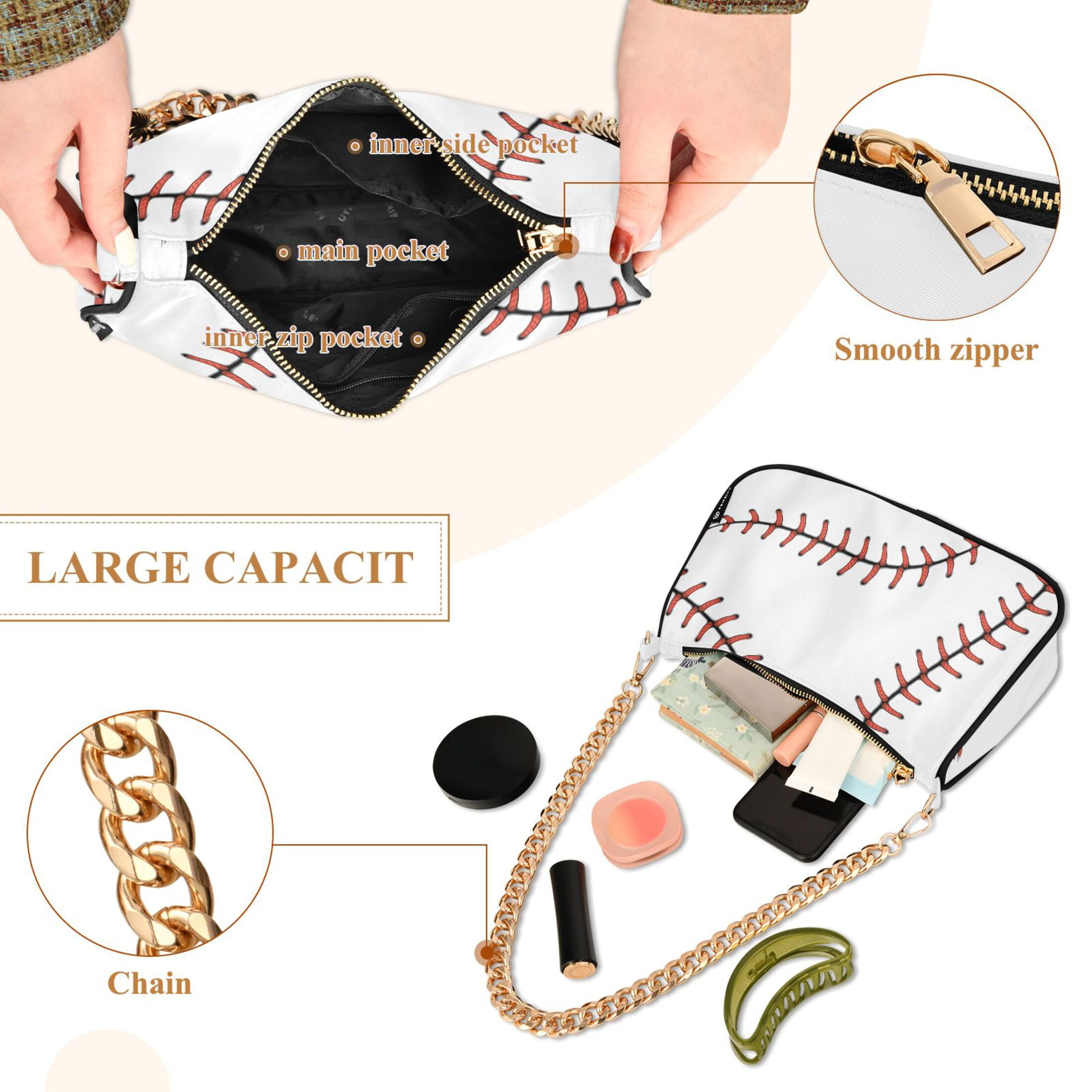 White Baseball Womens Chain Shoulder Bag Tote Handbag Clutch Hobo Purse with Zipper for Travel Casual