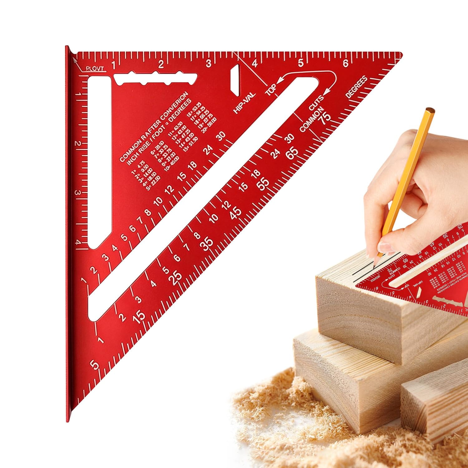 CCOCC Aluminum Alloy Rafter Square 7 Inch Carpenter Square Layout Tool with Laser-Etched Scale Woodworking Triangle Ruler for Carpenters Craftsmen Multi-Angle Protractor (Red)
