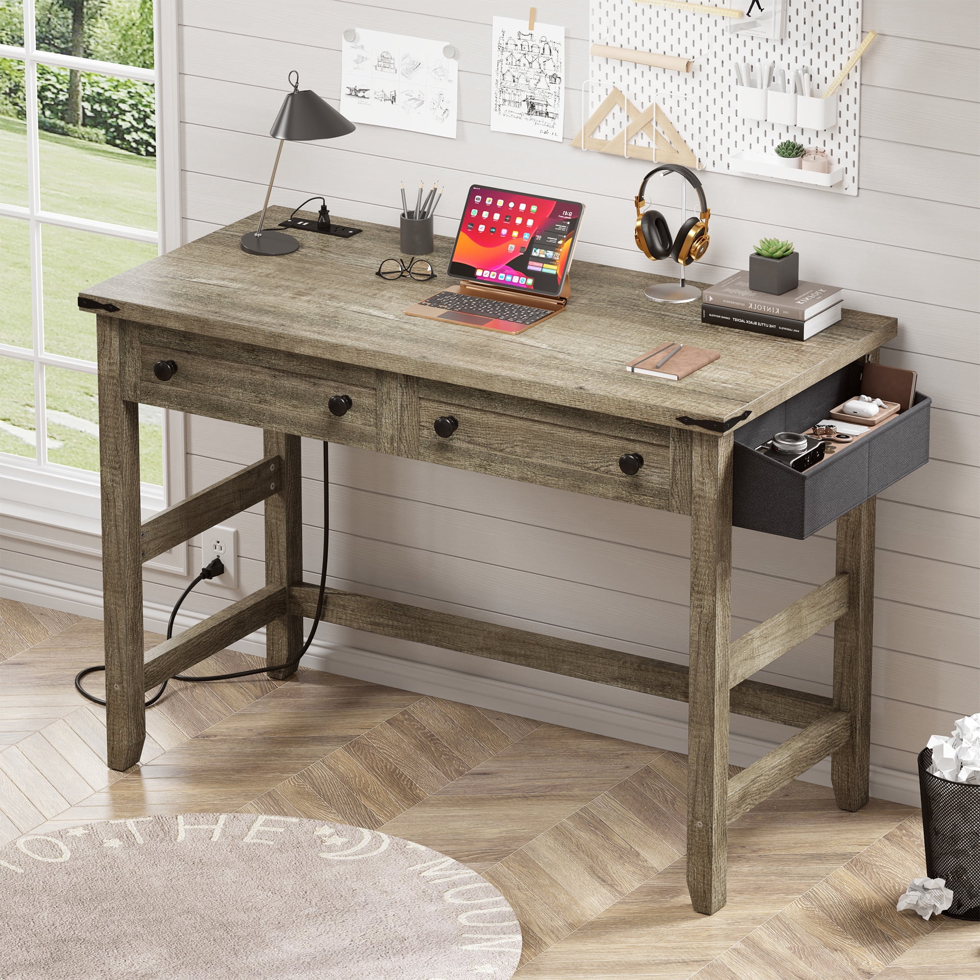 Romorgniz 40"Small Desk Computer Desk Drawers & Side Storage Rustic Home Office Desk with Power Outlets&USB,Dark Oak