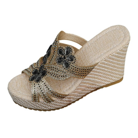 

LLQEUIB Rose Sandals for Women Wide Ladies Summer Rhinestone Bright Leather Thick Bottom Sandalias de Mujer Slope Heel Mules Gifts for Her