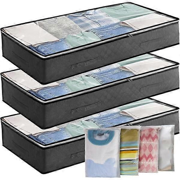 Under Bed Storage Box 3-Pack 90L Large with 4 Zippered Bags PVC Window for Clothes, Comforters, Blankets Grey 3Pcs
