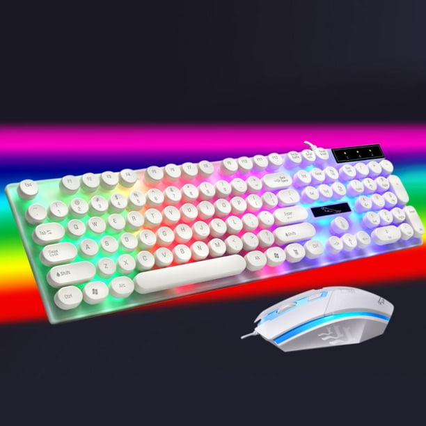 Combinación de teclado y ratón con cable, teclado retro con teclas redondas, teclado retro delgado y silencioso de 2,4 GHz para portátil con auriculares Bluetooth.