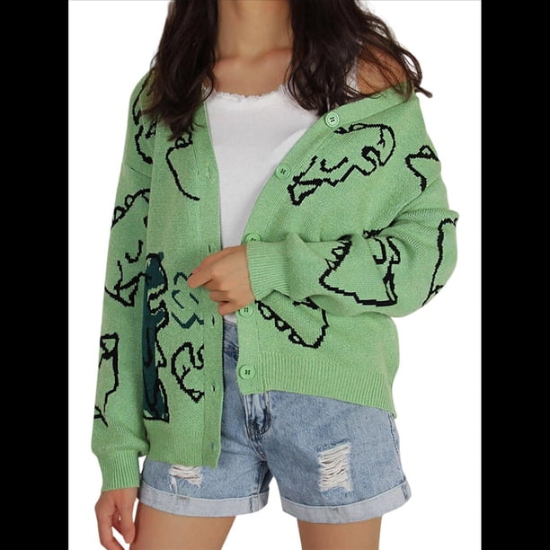 Cárdigan con Botones de Dinosaurio de para Mujer, y Holgado Suéter Abierto de Larga de Punto Jacquard. Verde L