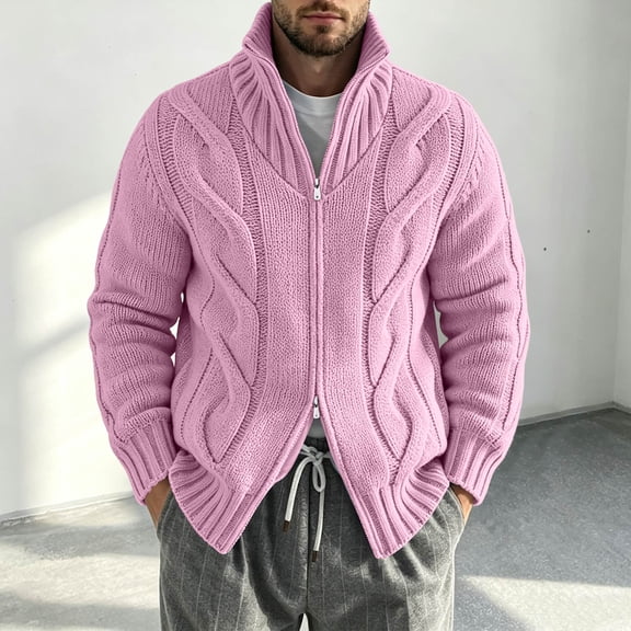 EANJE Men's Cable Knit Zip Up Cardigan Sweater Stand Collar Full Zip Knitted Jacket Casual Solid Color Long Sleeve Outerwear Pink M