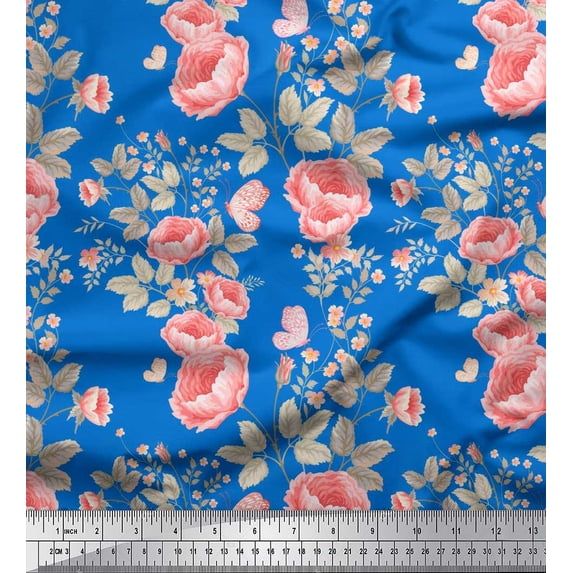 Soimoi Blue Satin Silk Fabric Leaves,Insect & Floral Artistic Decor Fabric Printed BTY 42 Inch Wide