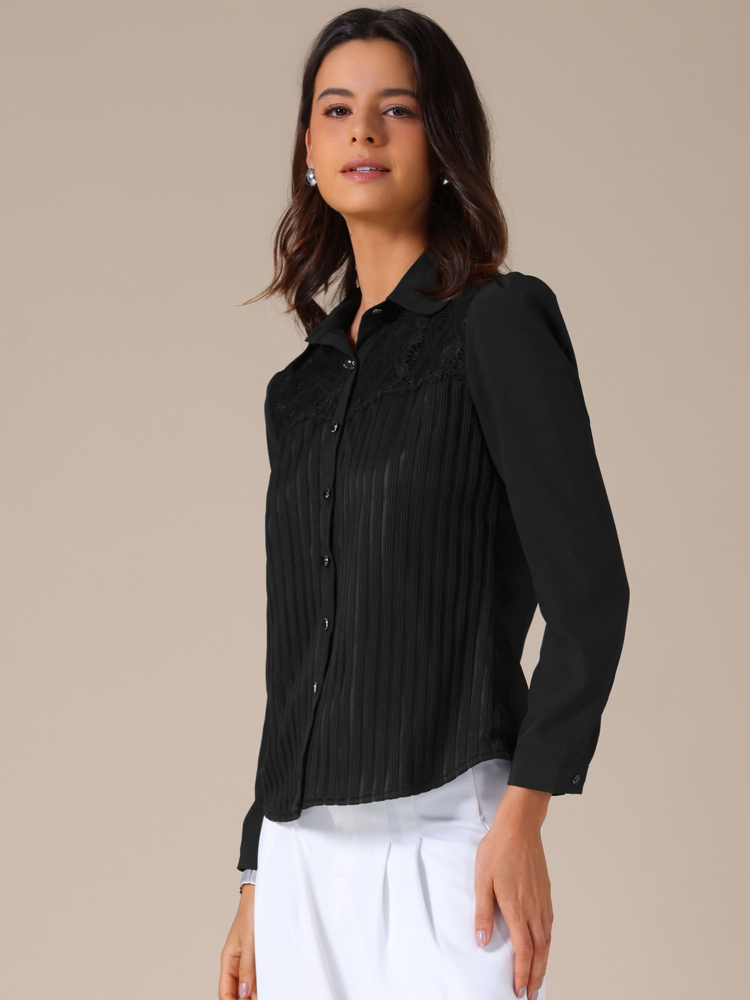 DARING DIVA Women's Vintage Striped Lace Panel Button Down Long Sleeve Top XL Black