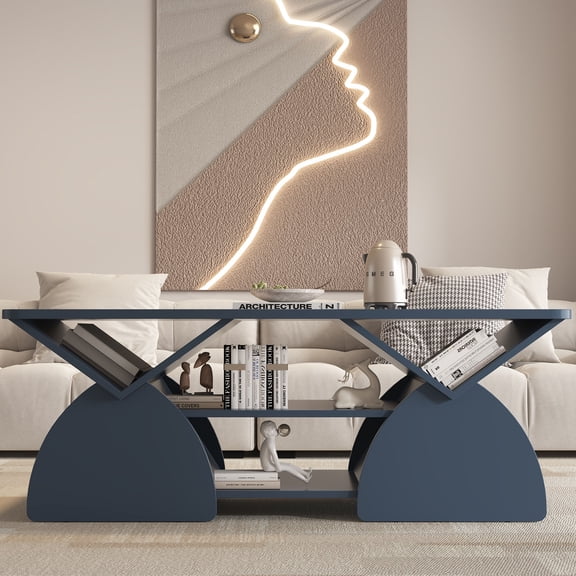 YIYADO Rectangular Coffee Table with Open Shelves, Modern Coffee Table Geometric Design, Suitable for Reception Room, Living Room, Blue