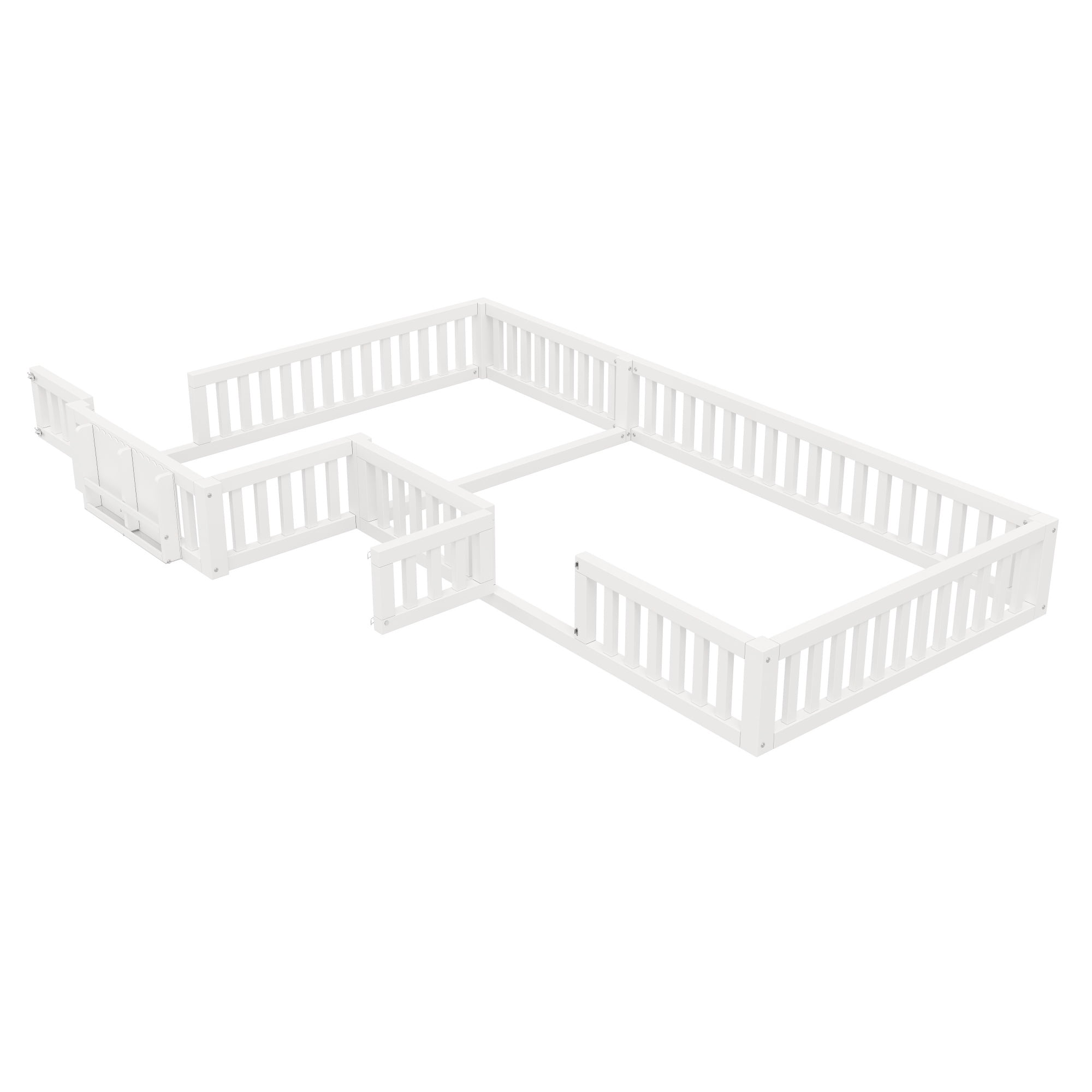 Euroco Twin and Full Size L-Shaped Platform Bed, Floor Bed with Full Guardrails and Storage, White