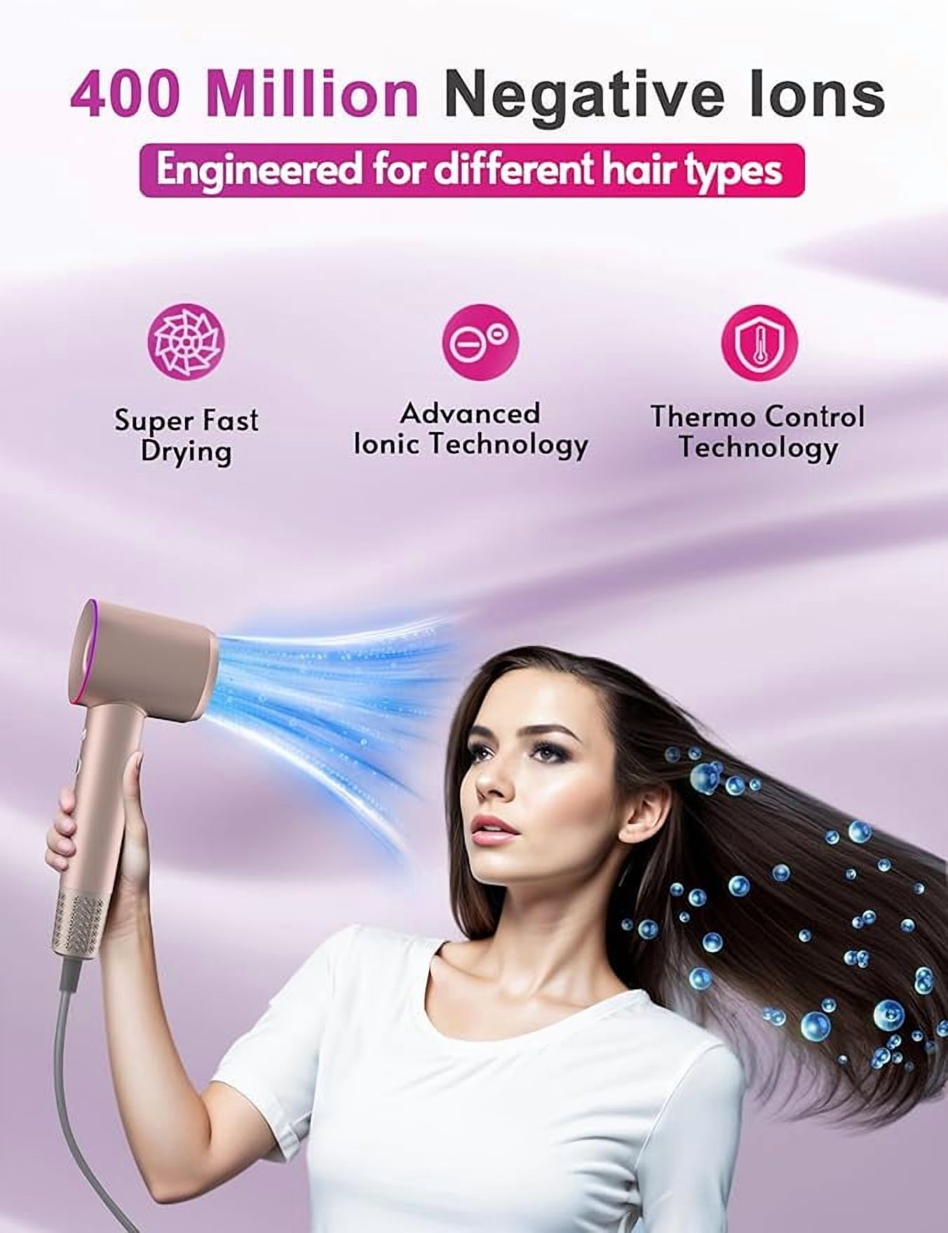 Professional Ionic Hair Dryer, 1800W High Speed Blow Dryer for Home Salon, Real 200 Million Negative Ions, 120,000 RPM Brushless Motor for All Hair Types (Pink)