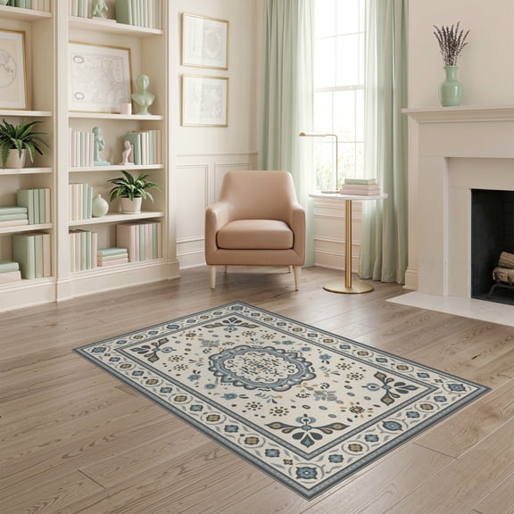 ODIKA 4'x6' Ivory Blue Ornate Medallion Traditional Washable Area Rug Elaborate Central Motif with Decorative Pet Friendly, Non-Shedding for Bedroom, Reading Nook