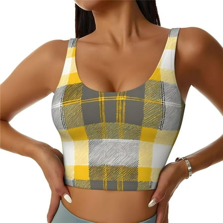Top-kevin Yellow Gray Black Plaid Print Sports Bra for Women - Yoga Tank Top Sports Vest with Performance Stretch and Quick Dry Fabric