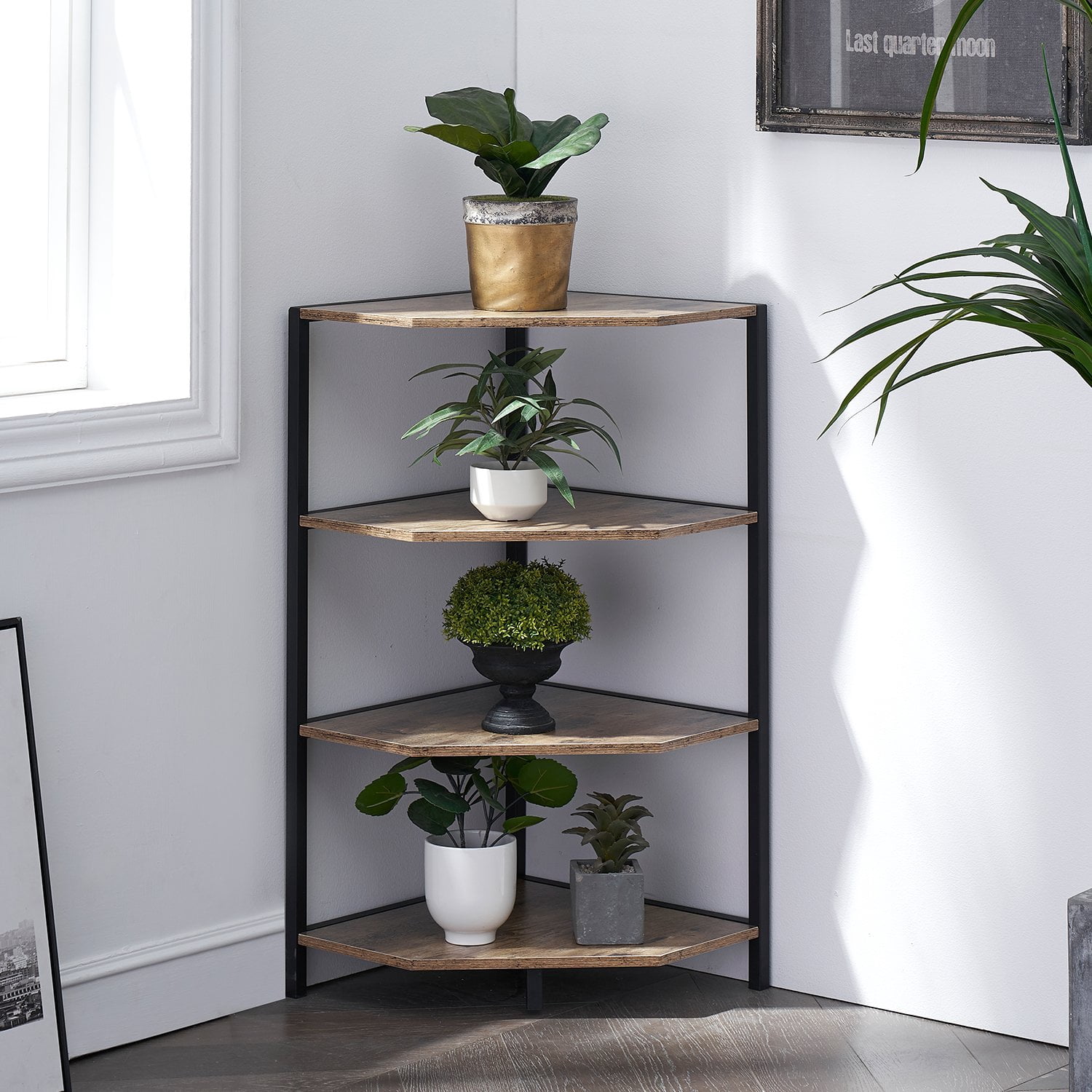 VECELO 4-Tier Corner Shelf, Multipurpose Wood Storage Stand for Small Spaces, Bedroom, Living Room, Gray