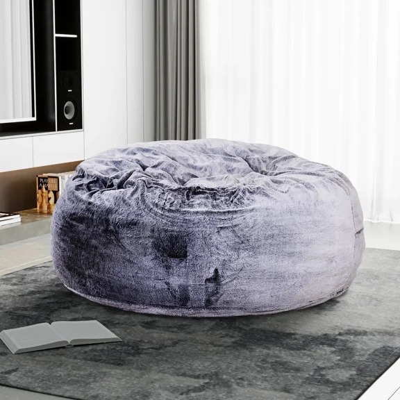 5ft Round Faux Fur Bean Bag with Memory Foam Fillings, Plush Sofa Lounger Chair, Purple