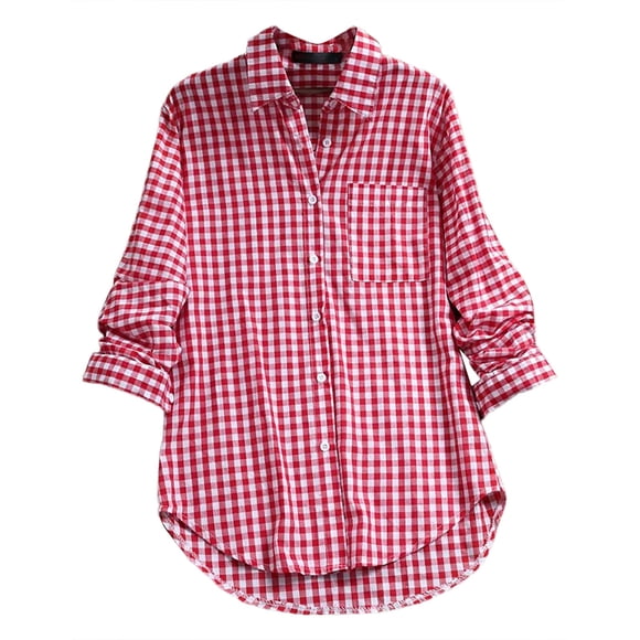 DondPO Womens tops Women's Plaid Lapel Long Sleeve Vintage Shirt top Shirts for Women Linen Shirts for Women Red 4XL Clearance!