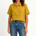 thumbnail image 6 of Qulqfy Solid Womens Blouses Cotton Linen Casual Lapel Short Sleeve Spring Yellow Women's Summer Tops XXXL, 6 of 7