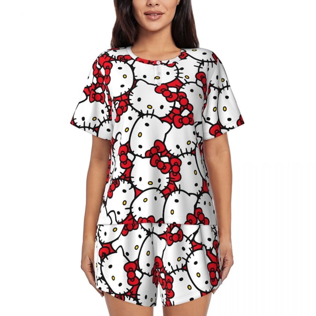Pyjama Personnalisé pour Femmes avec Nœud Rose, Anime Animé Hello Kitty, Manches Courtes, Vêtements de Nuit, 2 Pcs, Fille