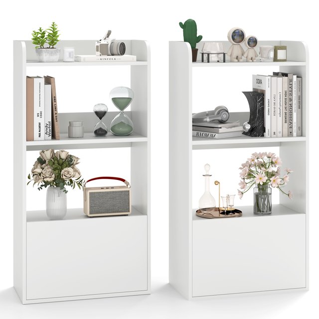 Gymax 2PCS Bookcase w/ Drawer 3-Tier Open Shelf Anti-Toppling Kits for Living Room White