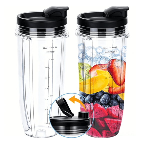32oz Blender Cup Replacement with Sip & Seal Lid, 2-Pack – Compatible with Ninja BL450, BL456, BL480, BL642, SS101, SS401 & More, Tritan, Dishwasher Safe
