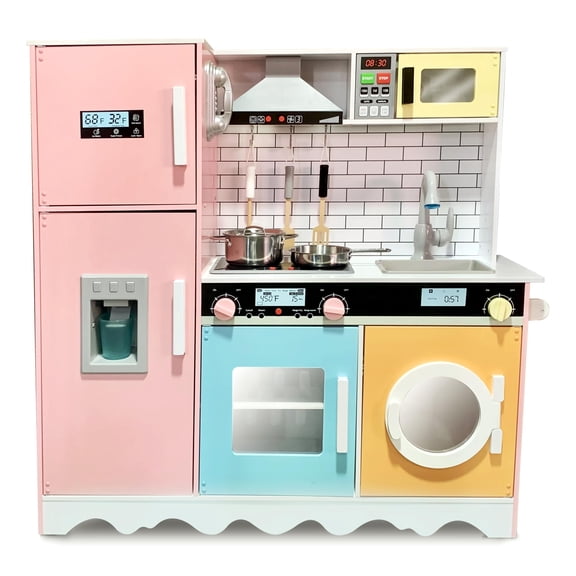 Lil' Jumbl Large Kids Kitchen Set, Wooden Pretend Play Kitchen with Icemaker, Microwave - Colorful